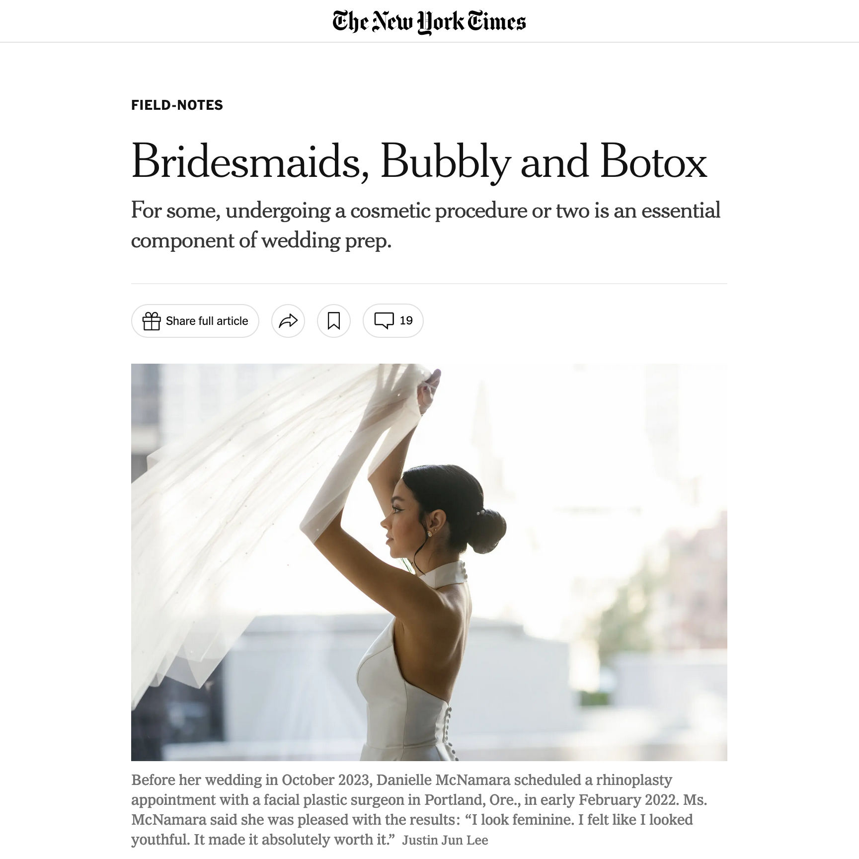 Screenshot of an article titled: Bridesmaids, Bubbly and Botox.