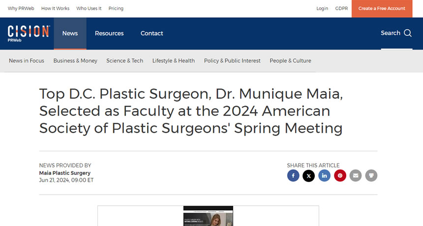 Screenshot of an article titled: Top D.C. Plastic Surgeon, Dr. Munique Maia, Selected as Faculty at the 2024 American Society of Plastic Surgeons' Spring Meeting
