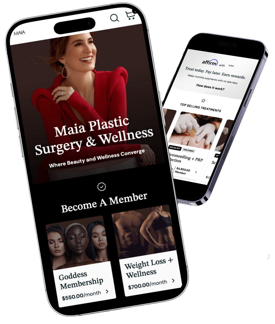 Two smartphones display a plastic surgery and wellness website, showcasing memberships and treatment options.