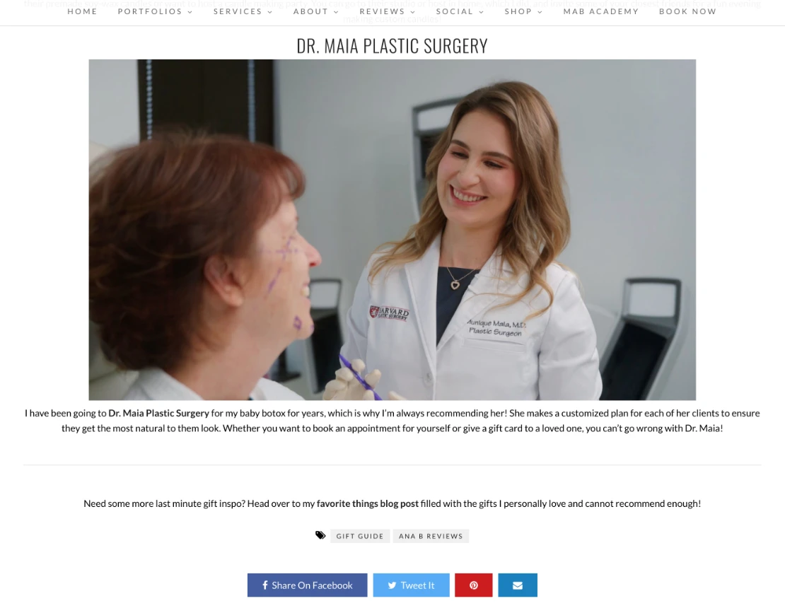 Screenshot of an article - Maia Plastic Surgery featured in MABArtistry's Last Minute Local Gift Guide 2024