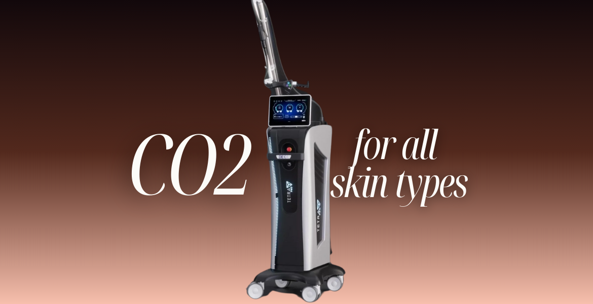 CO2 laser machine with a modern design, featuring a touchscreen display, marketed for all skin types against a gradient background.